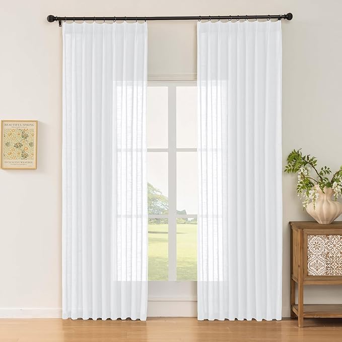 White Sheer Linen Pinch Pleated Sliding Door Curtains, 2x50 Inches Width, Cotton Look Light Filtering Drapes 96 Inches Long, Soft Textured Modern Farmhouse Window Curtain Panels