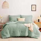 CozyLux King Size Comforter Set Sage Green Seersucker 7 Pieces Bed in a Bag King Comforter Set with Sheets, Luxury Bedding Set with Down Alternative Comforter, Sheets, Pillowcases & Shams All Seasonss