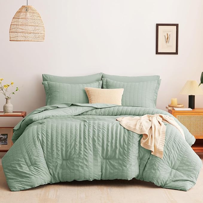 CozyLux King Size Comforter Set Sage Green Seersucker 7 Pieces Bed in a Bag King Comforter Set with Sheets, Luxury Bedding Set with Down Alternative Comforter, Sheets, Pillowcases & Shams All Seasonss