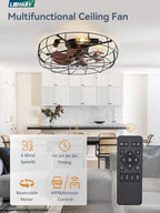LEDIARY 23 Inch Large Caged Ceiling Fan with Light, Flush Mount Low Profile with Remote Control, Farmhouse Industrial Bladeless Fan Light for Bedroom, Kitchen, Indoor