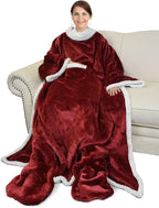 Catalonia Sherpa Wearable Blanket with Sleeves & Foot Pockets for Adult Women Men, Comfy Snuggly Wrap Sleeved Throw Blanket Robe, Gift Idea, Wine