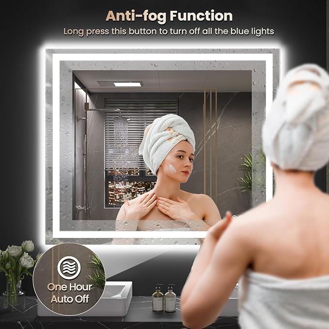 48"X36" LED Bathroom Mirror with Front Lights and Backlit, Anti-Fog, Dimmable, Shatter-Proof Tempered Glass, Lighted Bathroom Vanity Mirror for Wall with 3 Colors, Memory Function