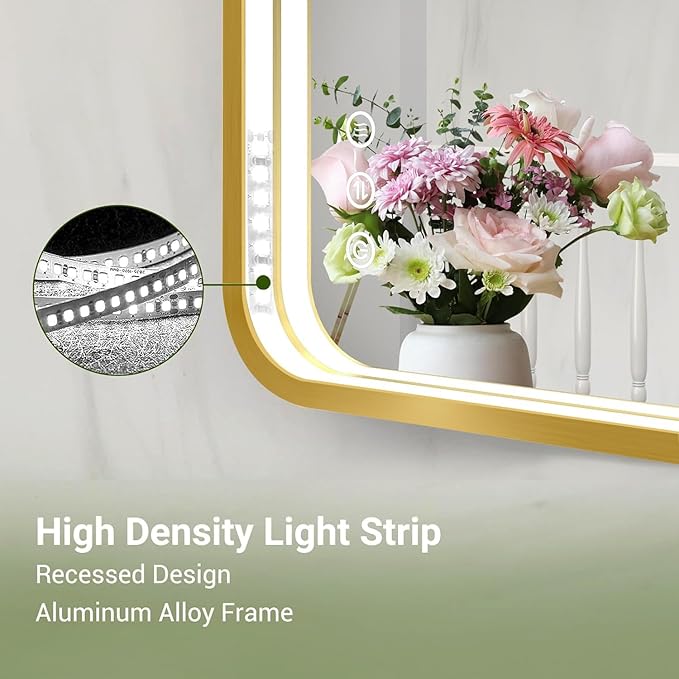 55x32 Inch LED Bathroom Mirror with Lights, Gold Metal Framed LED Mirror for Bathroom, 3 Colors and Stepless Dimmable Wall Mounted Lighted Bathroom Vanity Mirror, Anti-Fog, Memory