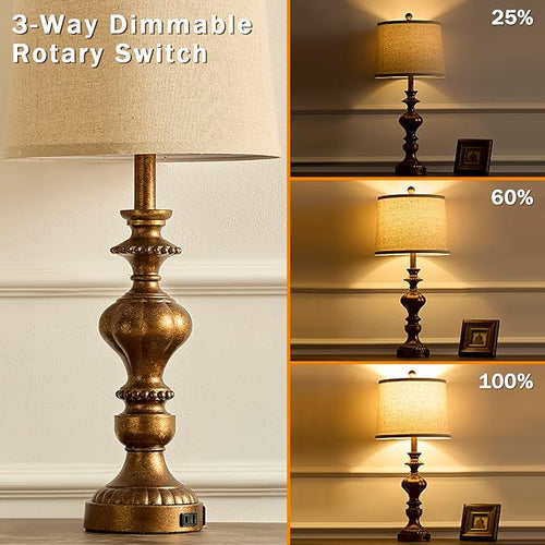 27.5" Farmhouse Table Lamps Set of 2 Bedside Nightstand Lamp with USB C+A Ports & AC Outlet, 3 Way Dimmable Touch Lamps for Bedroom Living Room Office Rustic Lamp (Rotary Switch-Copper)