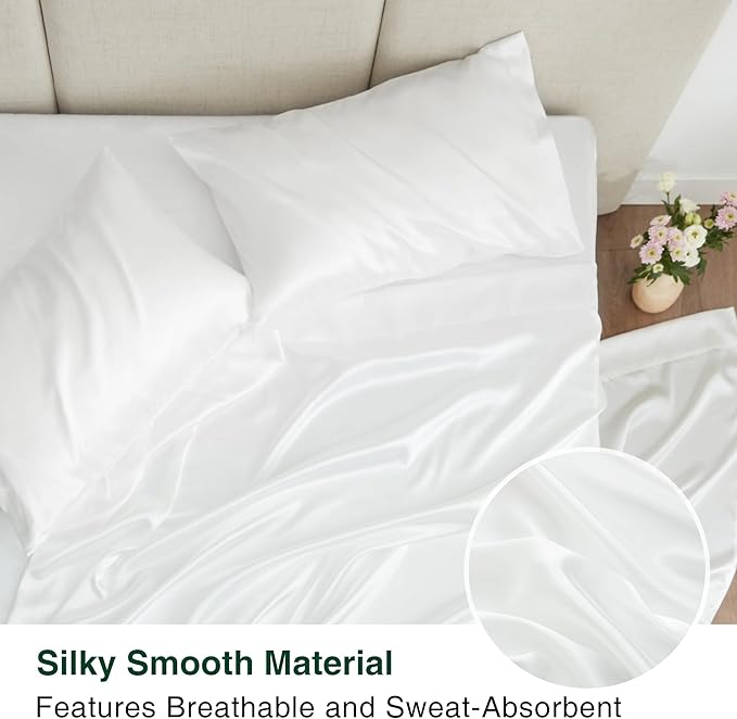 Love's cabin Satin Queen Sheets Set - 4 Piece White Silky Bed Sheets with Deep Pocket, Luxury Silk Feel Satin Queen Size Sheet Set (1 Flat Sheet,1 Fitted Sheet,2 Pillow Cases)