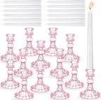 Suclain 24 Pcs Glass Taper Candle Holder Sets 12 Candlestick Holder with 12 White Long Candles for Wedding Party Decor Dinner Decoration(Pink)