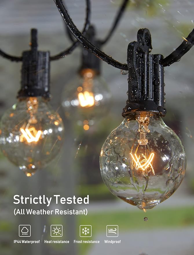 Brightown Outdoor String Lights 25FT G40 Globe Patio Lights with 27 Edison Glass Bulbs(2 Spare), Waterproof Connectable Hanging Light for Backyard Porch Balcony Party Decor, E12 Socket Base, Black