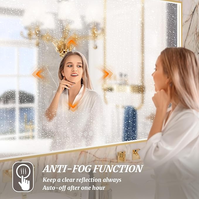 55x32 Inch LED Bathroom Mirror, Gold Metal Framed Lighted Mirror for Bathroom, Wall Mouted LED Vanity Mirror with Lights, 3 Colors and Stepless Dimmable, Anti-Fog, Memory