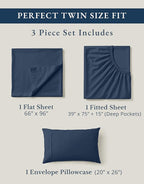 LANE LINEN 100% Organic Cotton Sheets Twin Size, Mercerized Cotton Fully Elasticized Soft & Comfy Bedding Sheets & Pillowcase Set, Good for Dorm Room, Deep Pocket Fully Elasticized Sheet- Navy