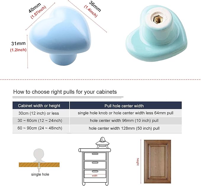 HUAMULAN 15PCS Glossy Ceramic Knobs Heart Shape Cabinet Dresser Pulls Door Handles Cupboard Wardrobe Drawer,3 Size Mounting Screws, Assorted Color