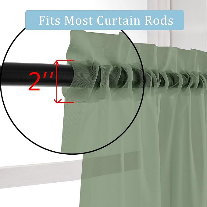 OWENIE Sheer Curtains 90 Inches Long 2 Panels Set, Sage Green Sheer Curtains Rod Pocket Voile Drapes for Living Room, Airy Soft-Touching Drapes, 2 PCS Panels, Each 42" W x 90" L Inch