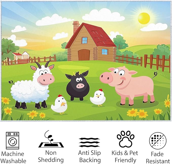 Area Rugs for Living Room 8x10 ft Cartoon Farm Sheep Pig Non Slip Area Rug, Ultra Soft Low-Pile Floor Carpet, Durable Washable Rug for Bedroom, Dining Room, Home Office