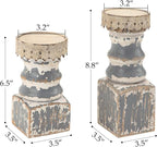 NIKKY HOME Farmhouse Pillar Candle Holder Set of 2 - Rustic Wood Decorative Candlesticks Pedestal, Centerpieces Decor for Fireplace Mantle Coffee Bar Dining Table, Distressed Grey