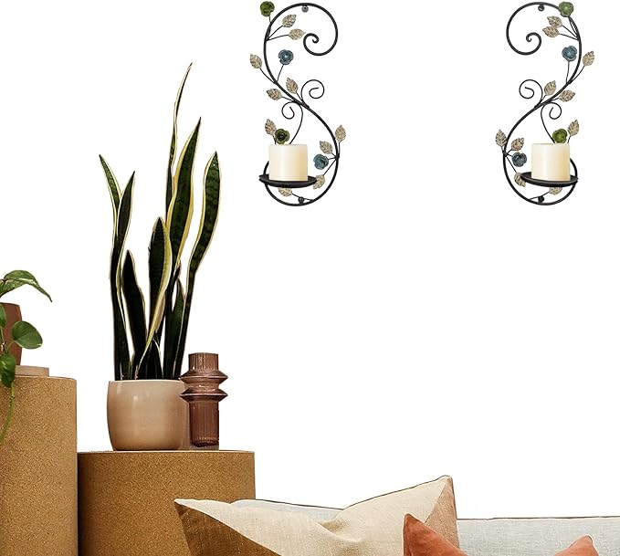 Wall Sconces Candle Holder Set of 2, Antique Multi-Color Leaf Branch Wall Mount Hanging Metal Wall Candle Holder Candle Sconce for Living Room Dining Room…