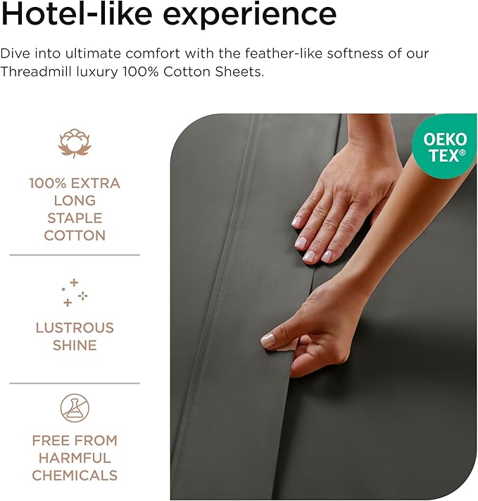 Threadmill Luxury 800 Thread Count 100% Cotton Sheets - Dark Grey Sateen Weave Twin Size Bed-Sheets, Better Than Egyptian Cotton,3 Pc Solid Soft Bedding Set, Fits 15" Deep Pocket