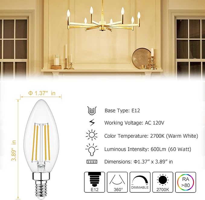 Cotanic Dimmable Candelabra LED Bulb 2700K Warm White,E12 Base Ceiling Fan Light Bulb 60W Equivalent, Type B Light Bulb with Candle Shape,C35 Filament Chandelier Light Bulb Clear Glass,600LM,6 Pack