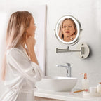 Rocollos Rechargeable Wall Mounted Lighted Makeup Mirror, 8 Inch Double-Sided LED Vanity Mirror 1X/10X Magnification,3 Color Lights Touch Screen Dimmable 360°Swivel 13 Inch Extendable