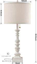 Farmhouse Table Lamps for Bedroom Set of 2, 29.5" Tall Rustic Bedside Lamp with USB Ports and AC Outlet, Vintage Nightstand Table Lamp for Living Room with Linen Drum Shade, White, Pull Chain