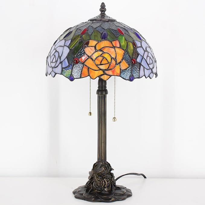 Tiffany Stained Glass Table Lamp 12X12X21Inch Resin Base Desk Bedroom Living Room Reading Light (Purple Orange Rose Flower)
