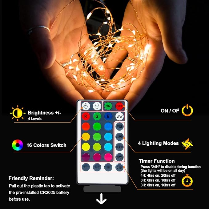 39Ft 120 LED Fairy Lights Battery Operated, RGB Color Changing String Light with Remote and Timer, Battery Powered Twinkle Lights for Bedroom, Dorm, Wall, Mason Jar, Backyard Indoor Outdoor Christmas