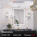 Keonjinn LED Mirror for Bathoom 24 x 30 Inch, Bathroom Mirror with Front Lights, Shatter-Proof Tempered Glass, UL-Listed LED Driver, Anti-Fog, Dimmale 6000K, Easy Installation(Horizontal/Vertical)