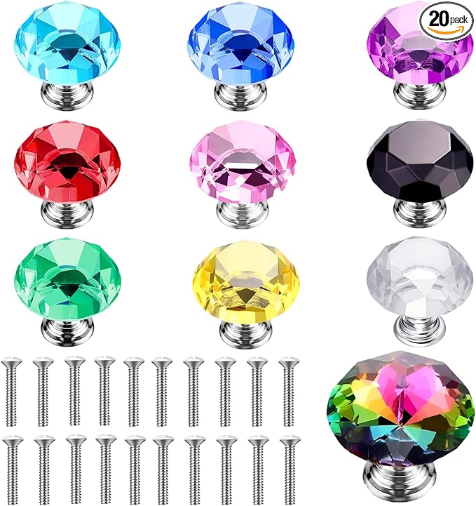 20 Pcs Dresser Crystal Knobs 30mm Glass Pull for Cabinets and Drawers Knobs for Dresser Drawers and Kitchen(10 Colors)