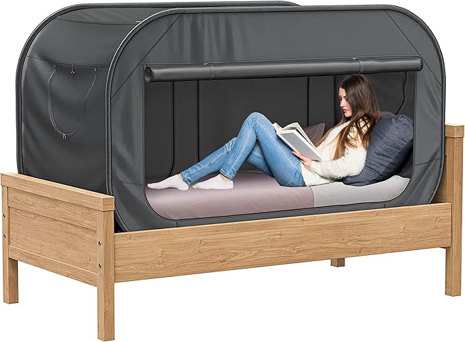 TidyFriend Twin Bed Tent, Pop-Up Privacy Canopy & Tent Beds for Kids and Adults – Cozy, Light Blocking, Breathable Pongee Fabric for Sleep, Play, or Study, Collapsible Design (Black)