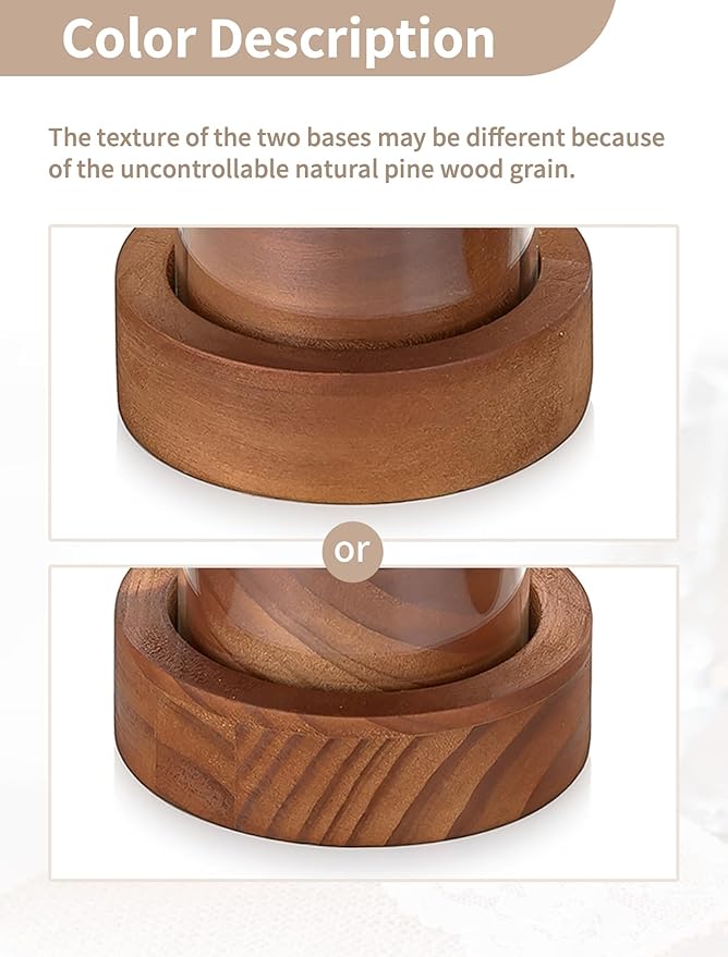 NUPTIO Dripless Taper Candle Holders with Wax Catchers: Set of 2 Hurricane Glass Candlestick Holders with Metal Bobeches for Easier Reuse - Brown Wood Modern Table Centerpiece for Outdoor Dinner