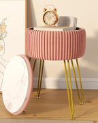 IBUYKE Velvet Storage Footrest Stool Ottoman, Makeup Vanity Stool Side Table with Golden Steel Legs Removable Cover, Coffee Table Top Cover, Pink LG-20P