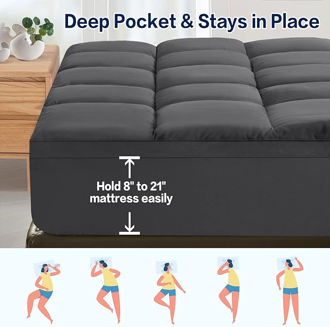 SOPAT Mattress Topper Cal King Size Extra Thick Mattress Pad 8-21" Deep Pocket Soft Down Alternative Fill Mattress Protector Pillow Top Mattress Cover (72x84 Inches, Dark Grey)