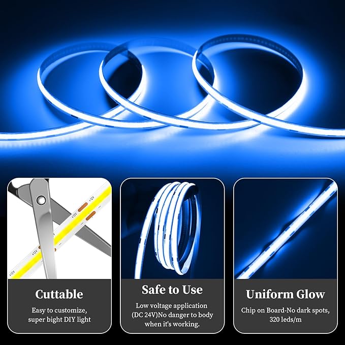iNextStation COB LED Strip Light Blue 32.8FT 10M, DC24V CRI 93+ Dimmable Flexible LED Tape Lights for Bedroom, Kitchen, TV Backlight, Cupboard, Wardrobe, Home Lighting Decor
