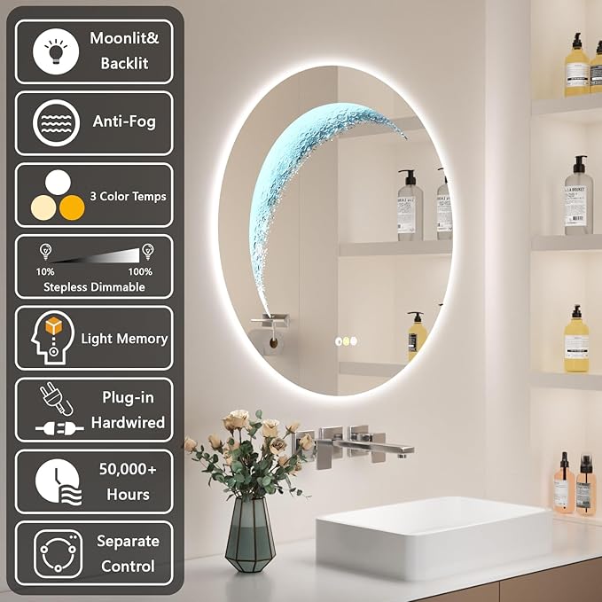 28'' Round Bathroom Mirror with Light, Frameless Circle Mirror with Backlit & Half Moonlight, Anti-Fog, Tempered Glass, Dimming LED Vanity Mirrors for Oversink, Bedroom, Wall Decor, Entryway