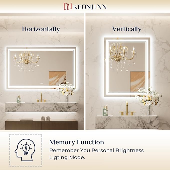 Keonjinn LED Mirror for Bathroom 22" x 30" with Frontlit and Backlit, Stepless 3 Colors Temperature & Dimmable Lighted Wall Mirror, Double LED Strips & UL Listed Driver, Anti Fog Mirrors with Light
