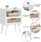 Lerliuo Rattan Nightstands Set of 2, Bedside Table with Drawer Open Shelf, Cane Accent Side End Table with Solid Wood Legs, White Mid Century Night Stand for Bedroom, Dorm and Small Spaces