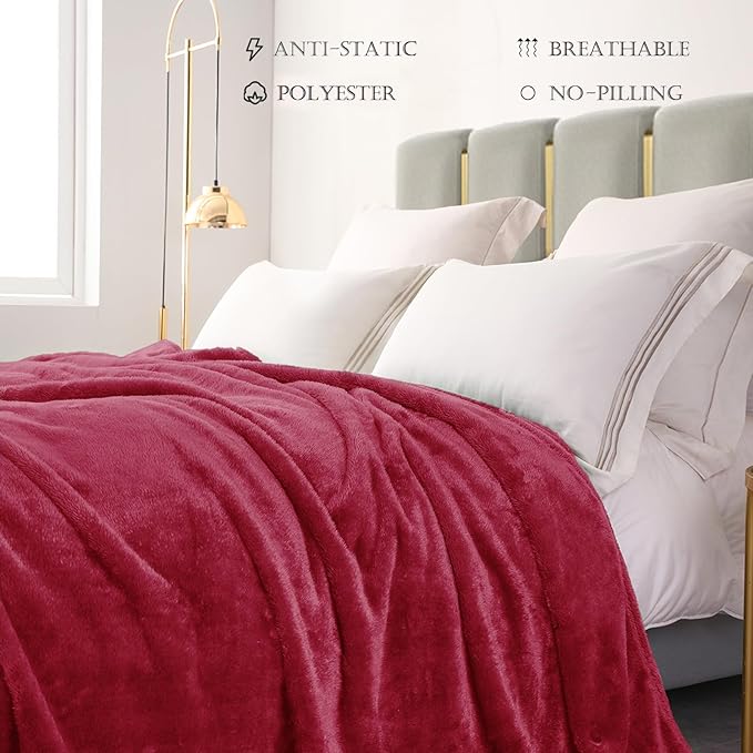 Exclusivo Mezcla Plush Fuzzy Fleece Bed Blanket Twin Size, Super Soft, Fluffy and Warm Blankets, Suitable for All Seasons (Deep Red, 90x66 Inches)