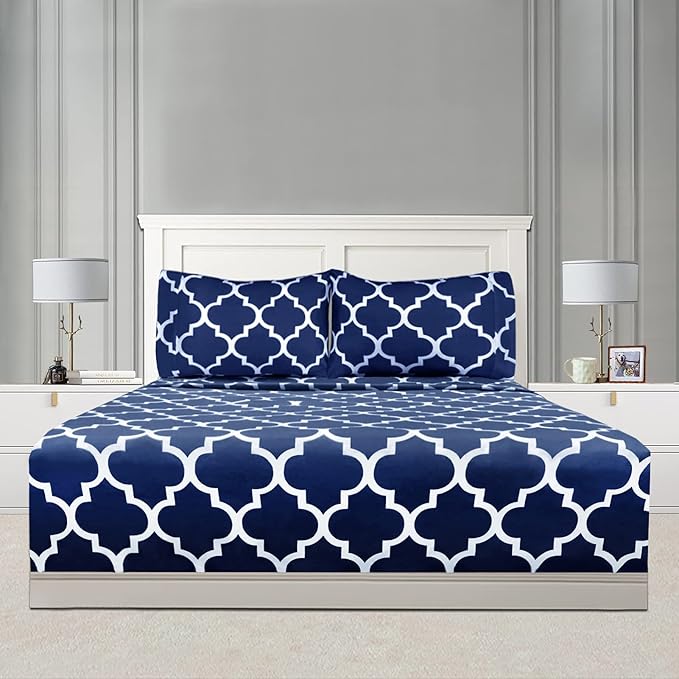 Mejoroom Queen Bed Sheet Set - Super Soft Brushed Microfiber 1800 Thread Count Queen Sheets with 16 inch Deep Pocket - Wrinkle Free - 4 Piece(Queen, Navy Quatrefoil with White Pattern)