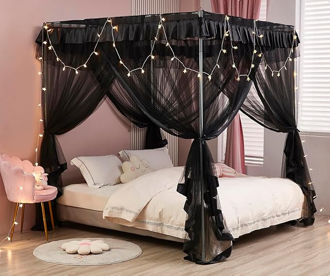 Mengersi Canopy Bed Curtains Bed Canopy Royal Luxurious Cozy Drapes Netting- Elegant Bed Sheer Bedroom Decoration Accessories for Adults,Black,California King