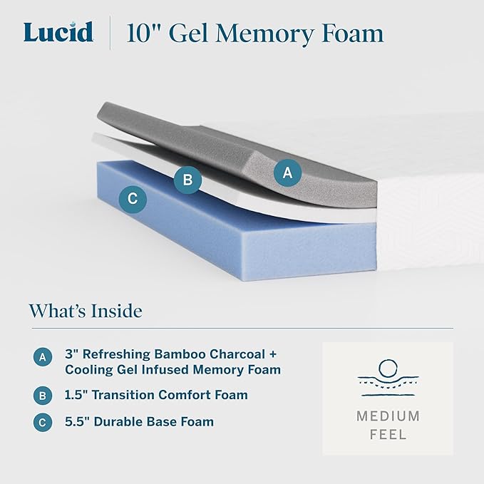 Lucid 10 Inch Memory Foam Mattress - Medium Feel - Infused with Refreshing Bamboo Charcoal and Cooling Gel - Bed in a Box - Temperature Regulating - Pressure Relief - Breathable - California King Size