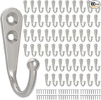 POZEAN 60 Pack Wall Hooks - Silver Coat and Towel Hooks with 120 Screws, for Hanging Coats, Scarves, Bags, Towels, Keys, Caps, Cups, Hats and More