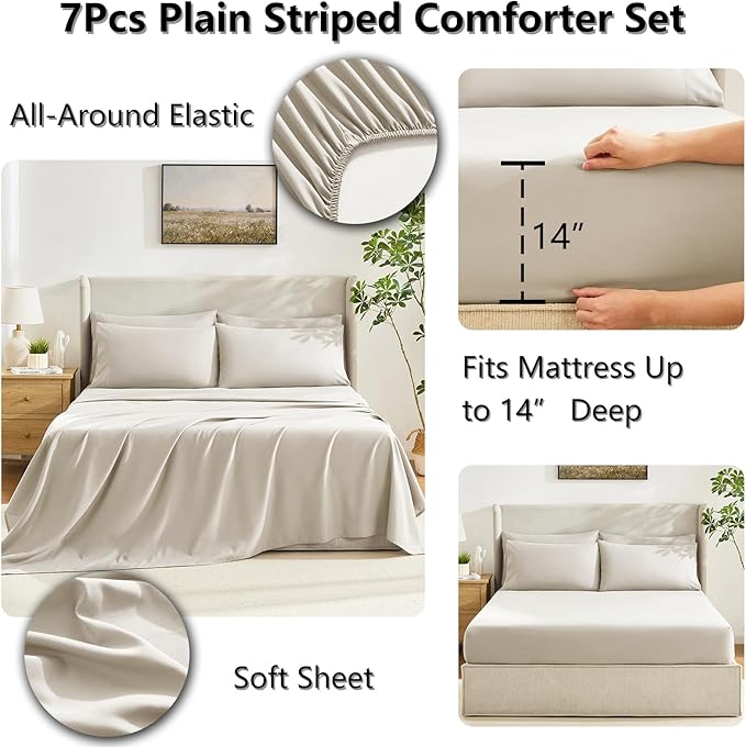 CozyLux King Size Comforter Set Beige, 7 Pieces Bed in a Bag, Beige Comforter King Size, All Season Bedding Sets with Stitch Quilted Comforter, Flat Sheet, Fitted Sheet, Pillowcases