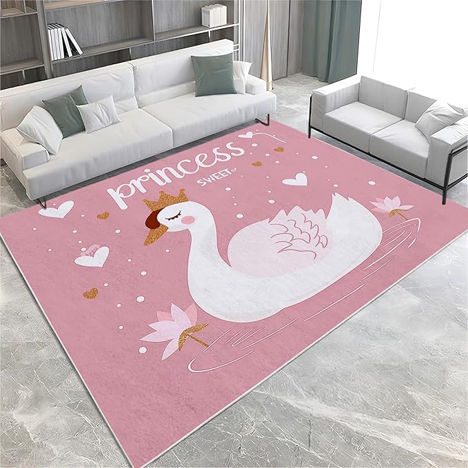 Washable Area Rug for Living Room 8x10 ft Cartoon Swan Princess Peach 3D Print Decor Carpet, Non Slip Stain Resistant Large Area Rugs, for Bedroom Dining Room Office