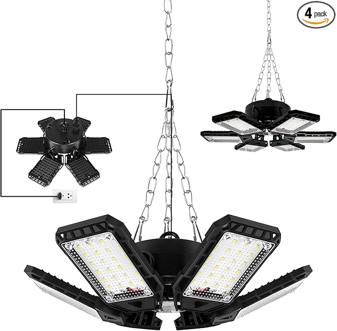 LED Garage Lights 4 Pack -180W, 18000LM 6500K Led Shop Light with 6+1 Deformable Panels, Basement Barn Light Garage Ceiling Lights, E26/E27 for Garage, Warehouse, Shop, Basement