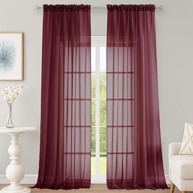 OWENIE Burgundy Sheer Curtains 120 Inches Long 2 Panels Set, Airy Lightweight Sheer Burgundy Curtains for Living Room Bedroom, Farmhouse Filmy Rod Pocket Drapes, 2 Pcs, Each 59" Wx120 L Inch