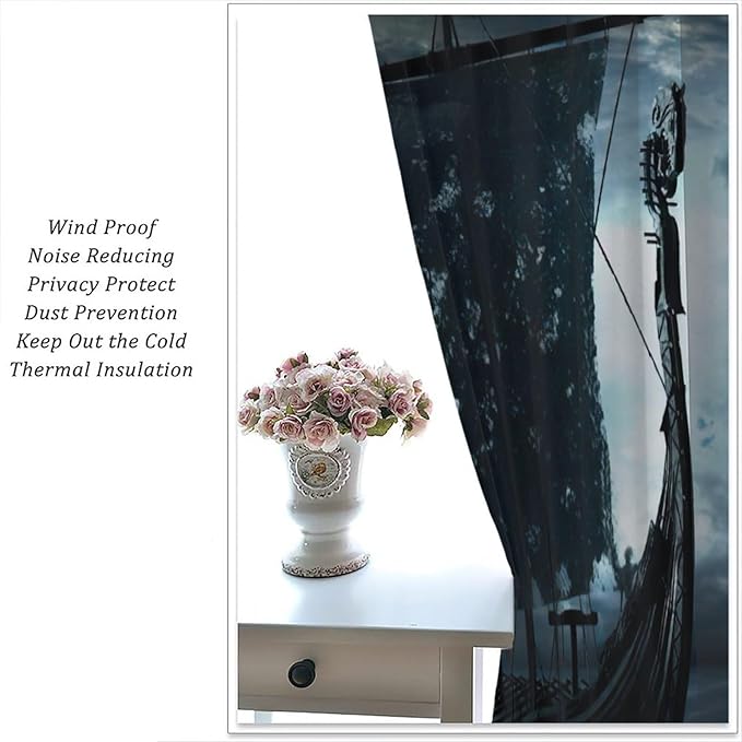 Viking Ship Curtains, Night Scene with Black Vikings Dragon Ship Sailing, Vintage Ancient Scandinavian Nautical Print Blackout Window Drapes for Boys Bedroom Living Room 52x84in