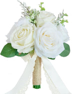 Wedding Bouquets for Bride Bridesmaid, Artificial White Champagne Bride Flower Bouquet for Wedding Church Decoration Ceremony, Anniversary, White Roses Flowers