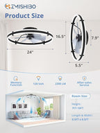 ZMISHIBO 24 Inch Ceiling Fans with Lights and Remote, Modern Low Profile Ceiling Fan, 3000-6000K Dimmable Flush Mount LED Fan Light, 6 Wind Speeds, Fandelier Ceiling Fans for Bedroom- Black
