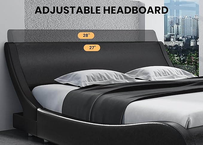 SHA CERLIN Modern Low Profile Platform Bed Frame Full Size, Stylish Faux Leather Upholstered Sleigh Bed with Adjustable Headboard, No Box Spring Needed, Glossy Black