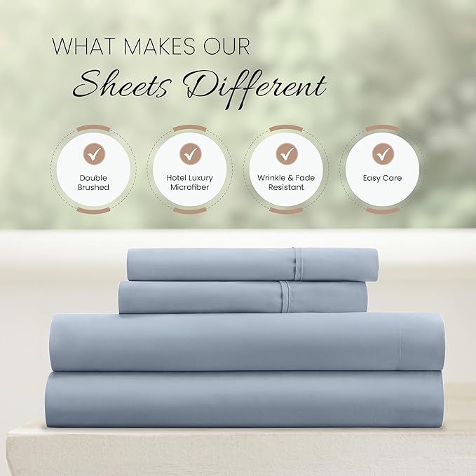 Linen Market Double-Brushed Microfiber Queen Sheet Set 4 Piece – Oeko-TEX Certified Ultra Soft & Wrinkle-Free - 16" Deep Pocket Sheets - Easy Care Queen Size - Light Blue