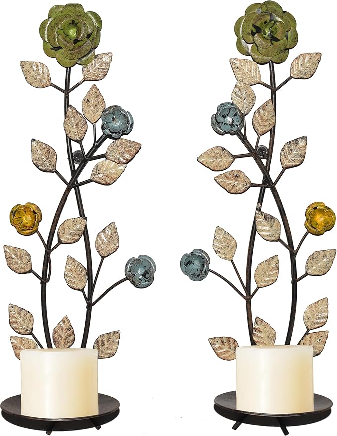 Wall Sconces Candle Holder Set of 2, Antique White Leaf and Flower Branch Wall Mount Hanging Metal Wall Candle Holder Candle Sconce for Living Room Dining Room