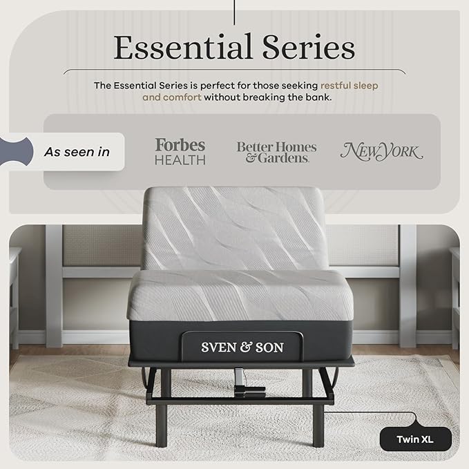 Sven and Son Essential Adjustable Bed Base (Frame) + 12 inch Memory Foam Matt (Medium), Easy Assembly, Head and Foot Lift, Memory Positions, Zero Gravity, Wireless Remote - Twin XL